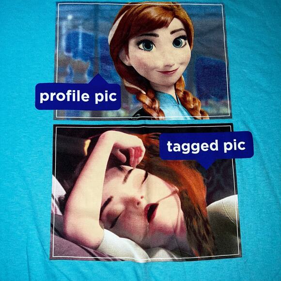 Disney Parks Frozen Themed Anna "profile pic vs tagged pic" plus size T-shirt XL - Picture 3 of 4